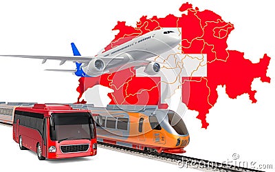 Passenger transportation in Switzerland by buses, trains and airplanes, concept. 3D rendering Stock Photo