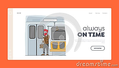 Passenger in Underground Landing Page Template. Man Using Metro, Businessman Going by Subway at Work. Railroad Commuter Vector Illustration