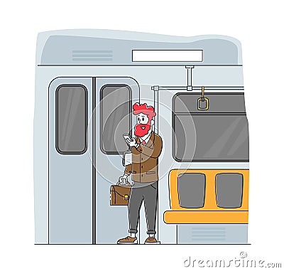 Passenger in Underground, Man Use Urban Public Transport Metro. Businessman Character Inside of Underpass Transportation Vector Illustration