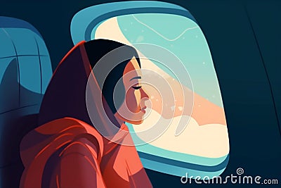 woman transportation porthole journey trip seat window passenger plane flight character. Generative AI. Stock Photo