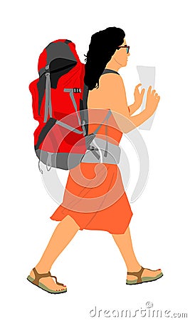 Passenger woman with luggage walking to airport vector illustration. Traveler girl with backpack go home. Lady carry baggage. Cartoon Illustration