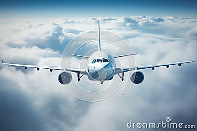 Passengers airplane flying above clouds in blue sky. Concept of fast travel. AI generated Cartoon Illustration