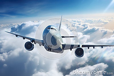 Passengers airplane flying above clouds in blue sky. Concept of fast travel. AI generated Cartoon Illustration