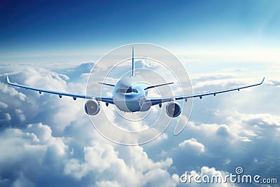 Passengers airplane flying above clouds in blue sky. Concept of fast travel. AI generated Cartoon Illustration