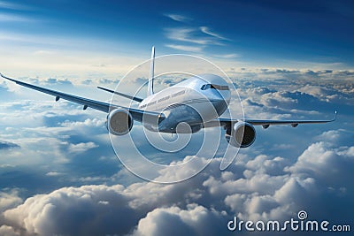 Passengers airplane flying above clouds in blue sky. Concept of fast travel. AI generated Cartoon Illustration