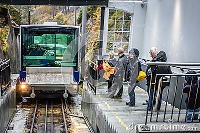 Passengers awaiting the Floibanen funicular Editorial Stock Photo