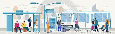 Passengers on City Bus Stop Platform Flat Vector Vector Illustration