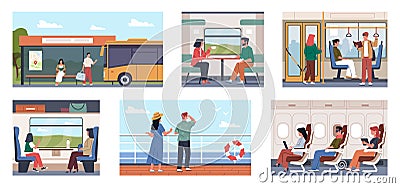 Passengers in different city transport. Ship, bus or train travelers, people commute long distance, sitting and standing Vector Illustration