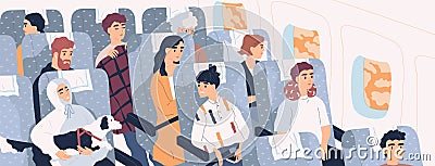 Passengers inside airliner. Funny people sitting on seats in modern aircraft cabin. Cute men and women aboard plane Vector Illustration