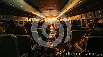 Refugees passengers inside of the airplane in the evening having rays from frontside Stock Photo