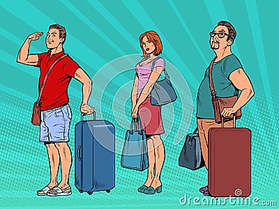 passengers with luggage in the queue, the airport is waiting for departure. Men and women travelers Vector Illustration