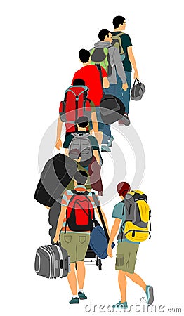 Passengers with luggage walking at airport vector illustration. Traveler with backpack bags. Man carry baggage. People crowd. Vector Illustration