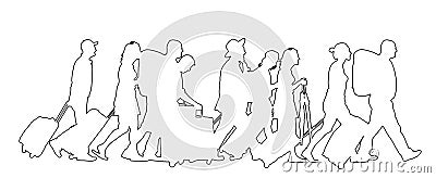 Passengers with luggage walking at airport vector line contour silhouette illustration. Vector Illustration