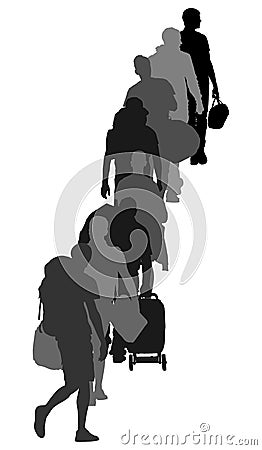 Passengers with luggage walking at airport vector silhouette. Traveler with backpack bags. Man carry baggage. Vector Illustration