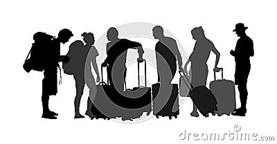 Passengers with luggage walking at airport vector silhouette. Travelers with bags go home. Man and woman carry baggage. People Stock Photo