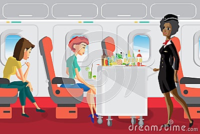 Passengers on the plane during the flight. Afro stewardess serving drinks to passengers on board of the aircraft. Flat vector car Vector Illustration