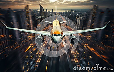 Passengers plane flying over modern architecture, symmetrical view, reflected sunset lights on aircraft, unusual perspective Stock Photo