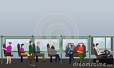 Passengers public transport concept vector banner. People in bus. Interior Vector Illustration