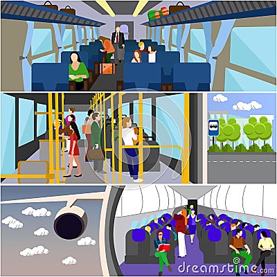 Passengers public transport concept vector banners set. People in bus, train and airplane Vector Illustration