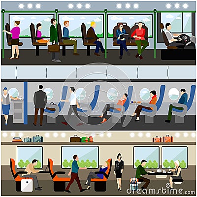 Passengers public transport concept vector banners set. People in bus, train and airplane. Transport interior Vector Illustration