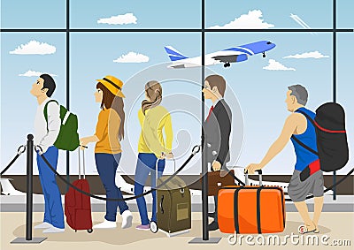 Passengers in queue waiting check-in counters at airport Vector Illustration