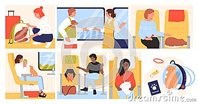 Passengers travel with pets by plane set, scenes inside airplane with pet owners on seats Vector Illustration