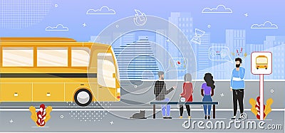 Passengers Waiting for Bus on Stop Flat Vector Vector Illustration