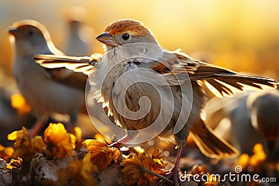 Passer montanus sparrows unite in a delightful and lively flock Stock Photo