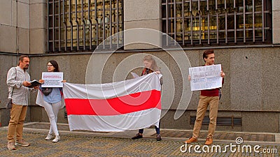 Passer took photo protest Belarusians wall building hands white-red-white flag Editorial Stock Photo