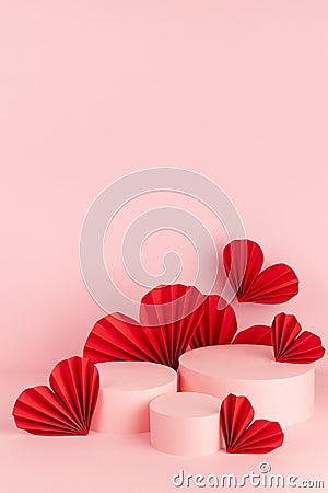 Passion bright romance pink abstract stage mockup in chinese style with three circle podiums, fly red paper hearts, copy space. Stock Photo