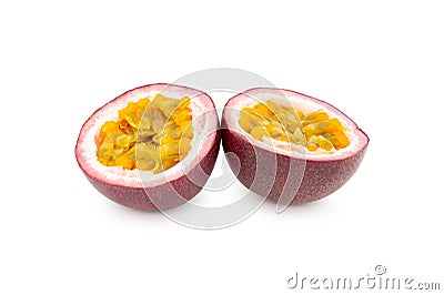 Passion fruit isolated. Two halves of maracuya passionfruit isolated on white background. Stock Photo