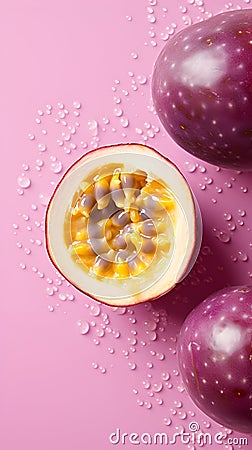 Passion fruit in water splashes. Sliced passion fruit isolated on light purple background with water drops. Vertical illustration Cartoon Illustration