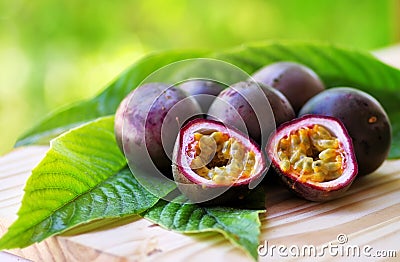 Passion fruits on table Stock Photo