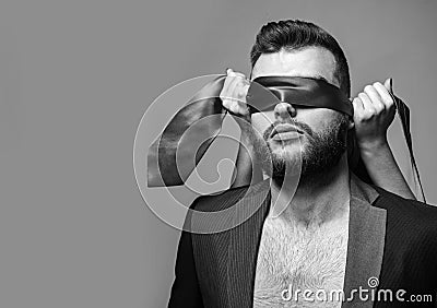 Passionate lovers. Sex domination. Sex submission. Awakening his desire. Female tease guy. Macho well groomed bearded Stock Photo