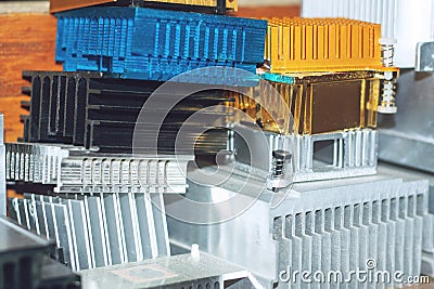 Passive cpu cooler radiator. Various finned heat-sink, copper and aluminum heat pipes and thermal pad. PC Computer heat sink Stock Photo