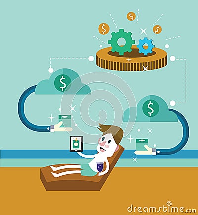 Passive income. Businessman at the beach receive money. Vector Illustration