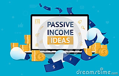 Passive income ideas - Computer surrounded with money and idea bulbs. Vector Illustration