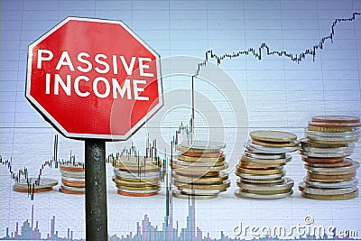 Passive income stop road sign on economy background with graph and coins Stock Photo
