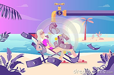 Passive income woman - money faucet on beach Vector Illustration