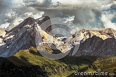 Passo Dona with Sasslong and Sasso Piatto dolomite panorama, Trentino Stock Photo