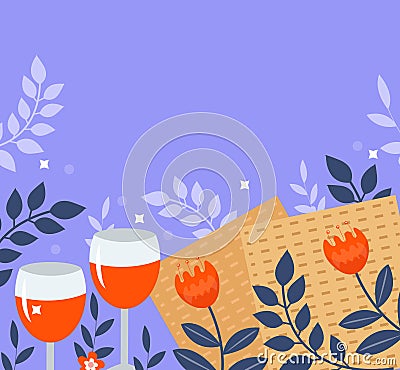 Passover greeting card, poster, invitation, flyer. Pesach template for your design with matzah and spring flowers Vector Illustration