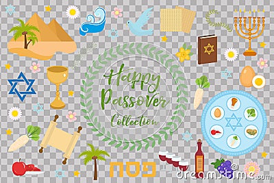 Passover icons set. flat, cartoon style. Jewish holiday of exodus Egypt. Collection with Seder plate, meal, matzah, wine Vector Illustration