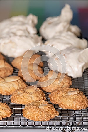 Passover Pesach baking - almond macaroon cookies and coconut meringue cakes, presented on a wire cooling tray. Stock Photo