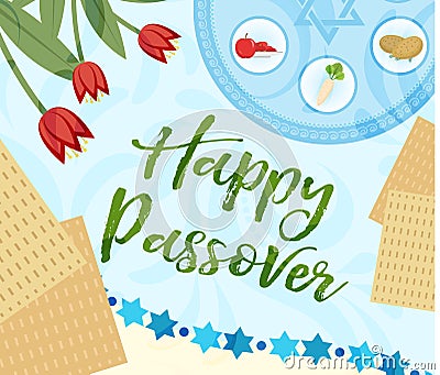 Passover poster, invitation, flyer, greeting card. Pesach template for your design with festive Seder table, kosher food Vector Illustration