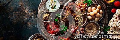 Passover Seder plate with a diverse array of symbolic foods, reflecting the multicultural aspect of the holiday Stock Photo