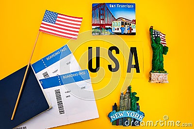 Passport with boarding pass, USA flag, magnets from new york and san francisco, statue of liberty, Travel concept Stock Photo
