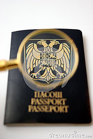 Passport with clack,glass blazon,eagles Stock Photo