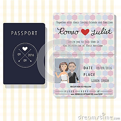 Passport design wedding invitation cards with bride and groom . Vector Illustration