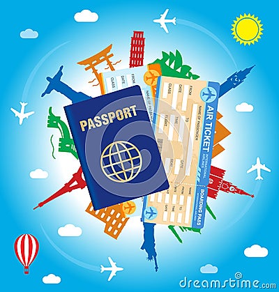 Passport and flight ticket over globe with famous sighseeing icons Vector Illustration