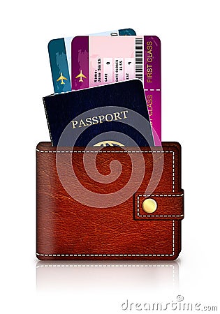 Passport and fly tickets in wallet over white background Stock Photo